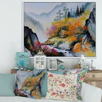 Живописен планински пејзаж со мала куќа врамена слика за платно уметнички принт