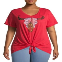 Теми женски плус големина Краток ракав за кратки ракави Лонгхорн графички принт маица со краток ракав
