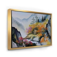 Живописен планински пејзаж со мала куќа врамена слика за платно уметнички принт