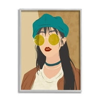 Бохо модна девојка портрет ботаничка и цветна графичка уметност сива врамена уметничка печатена wallидна уметност