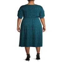 Terra & Sky Women's Plus Size Leopard Print Midi Fau Објавен фустан