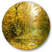 Дизајн на „Вода од дожд на патот во жолти шумски кружни метални wallидни уметности - диск од 29