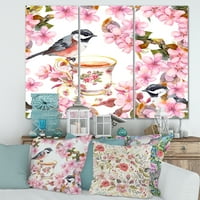 ДИЗАЈНАРТ „Птици чај чаши и розови цвеќиња“ Традиционално печатење на wallидови од платно