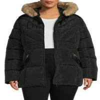 Голема студена женска плус големина ватирана јакна со пуфер со аспиратор за трим со крзно од FAU