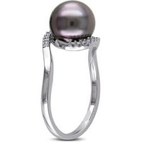 Црна тркалезна тахитски бисер и дијамантски акцент на сребро бајпас прстен