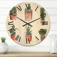 DesignArt 'Кактус и сукуленти во глинен сад' Традиционален часовник со woodид од дрво