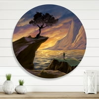 DesignArt 'Дрво на морско карпа на вечерната светлина' Езерото куќа метална wallидна уметност - диск од 11