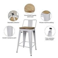 Дизајнерска група контра висина на метални столици со седиште од дрво, сјајно бело, сет од 4